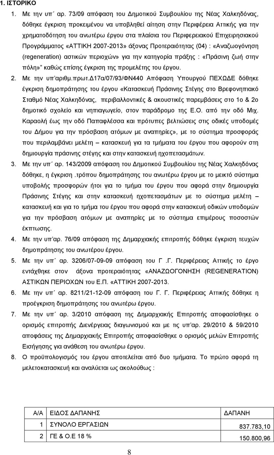 Περιφερειακού Επιχειρησιακού Προγράμματος «ΑΤΤΙΚΗ 2007-2013» άξονας Προτεραιότητας (04) : «Αναζωογόνηση (regeneration) αστικών περιοχών» για την κατηγορία πράξης : «Πράσινη ζωή στην πόλη» καθώς