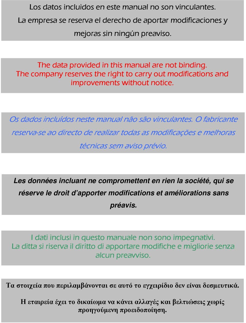 The company reserves the right to carry out modifications and improvements without notice. Os dados incluídos neste manual não são vinculantes.