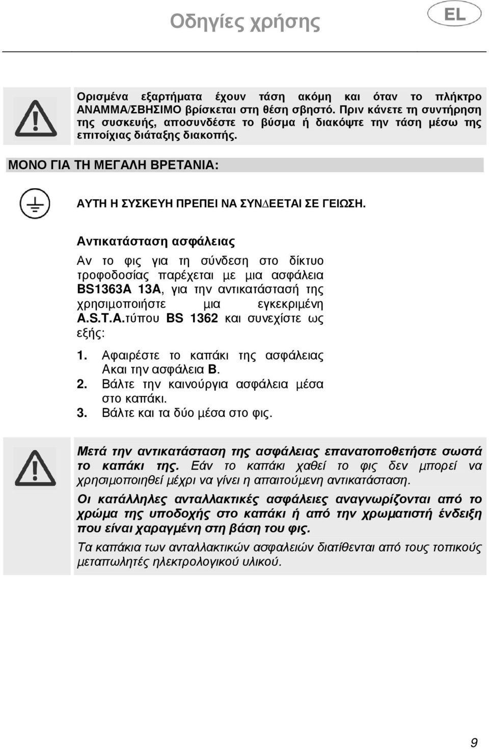 Αντικατάσταση ασφάλειας Αν το φις για τη σύνδεση στο δίκτυο τροφοδοσίας παρέχεται µε µια ασφάλεια BS1363A 13A, για την αντικατάστασή της χρησιµοποιήστε µια εγκεκριµένη A.S.T.A.τύπου BS 1362 και συνεχίστε ως εξής: 1.