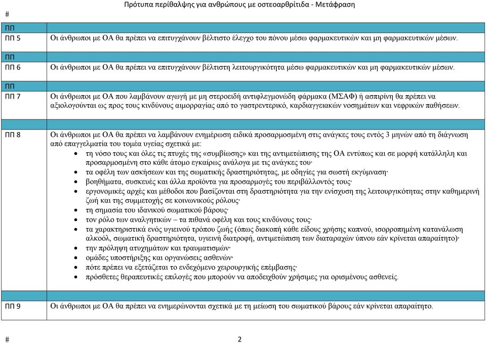 Οι άνθρωποι με ΟΑ που λαμβάνουν αγωγή με μη στεροειδή αντιφλεγμονώδη φάρμακα (ΜΣΑΦ) ή ασπιρίνη θα πρέπει να αξιολογούνται ως προς τους κινδύνους αιμορραγίας από το γαστρεντερικό, καρδιαγγειακών