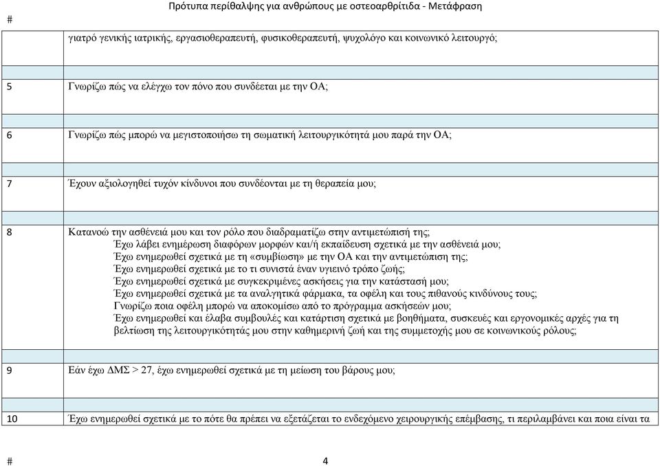 λάβει ενημέρωση διαφόρων μορφών και/ή εκπαίδευση σχετικά με την ασθένειά μου; Έχω ενημερωθεί σχετικά με τη «συμβίωση» με την ΟΑ και την αντιμετώπιση της; Έχω ενημερωθεί σχετικά με το τι συνιστά έναν