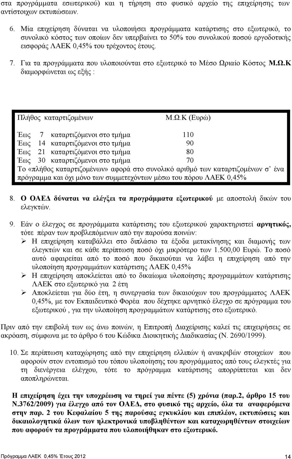 7. Για τα προγράμματα που υλοποιούνται στο εξωτερικό το Μέσο Ωρ