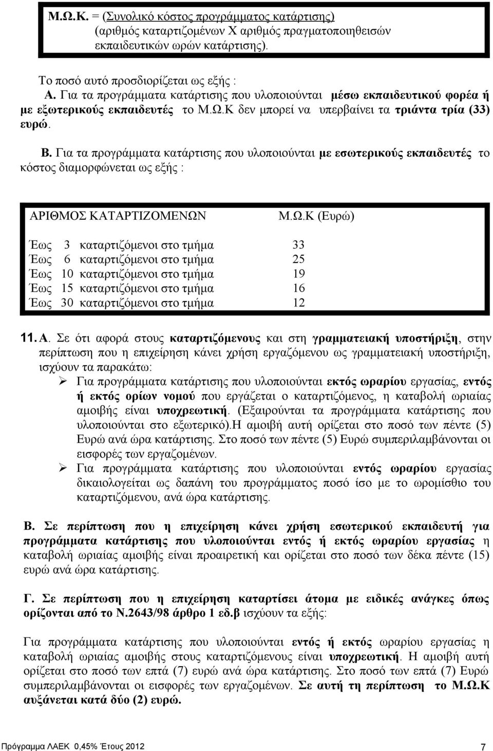 Για τα προγράμματα κατάρτισης που υλοποιούνται με εσωτερικούς εκπαιδευτές το κόστος διαμορφώνεται ως εξής : ΑΡΙΘΜΟΣ ΚΑΤΑΡΤΙΖΟΜΕΝΩΝ