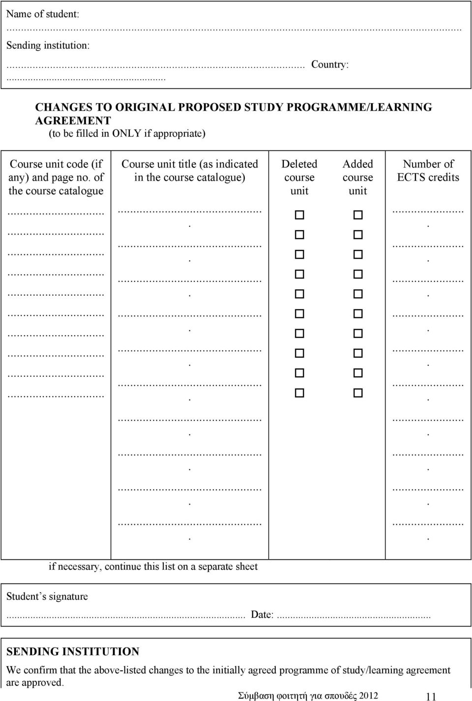 course unit Added course unit Number of ECTS credits if necessary, continue this list on a separate sheet Student s signature Date: SENDING