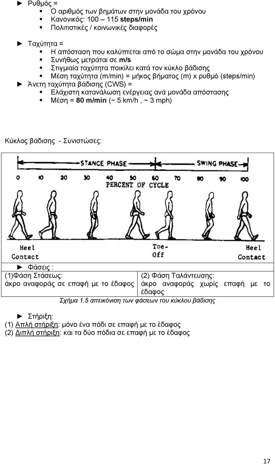 ελέξγεηαο αλά κνλάδα απφζηαζεο Μέζε = 80 m/min (~ 5 km/h, ~ 3 mph) Κχθινο βάδηζεο - πληζηψζεο: Φάζεηο : (1)Φάζε ηάζεσο: (2) Φάζε Σαιάληεπζεο: άθξν αλαθνξάο ζε επαθή κε ην έδαθνο άθξν αλαθνξάο