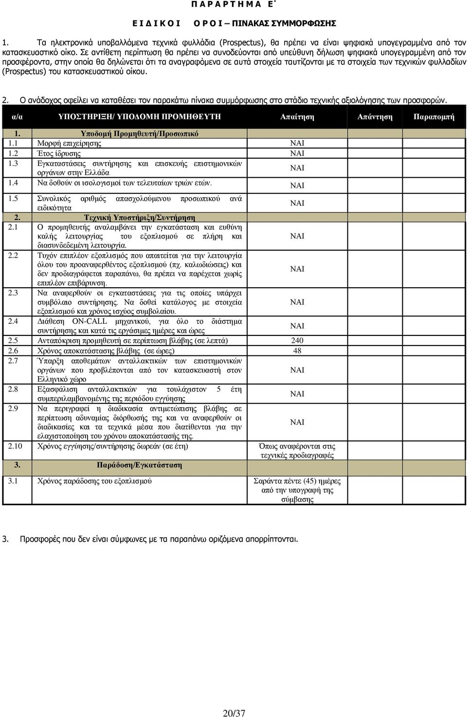 των τεχνικών φυλλαδίων (Prospectus) του κατασκευαστικού οίκου. 2. Ο ανάδοχος οφείλει να καταθέσει τον παρακάτω πίνακα συμμόρφωσης στο στάδιο τεχνικής αξιολόγησης των προσφορών.