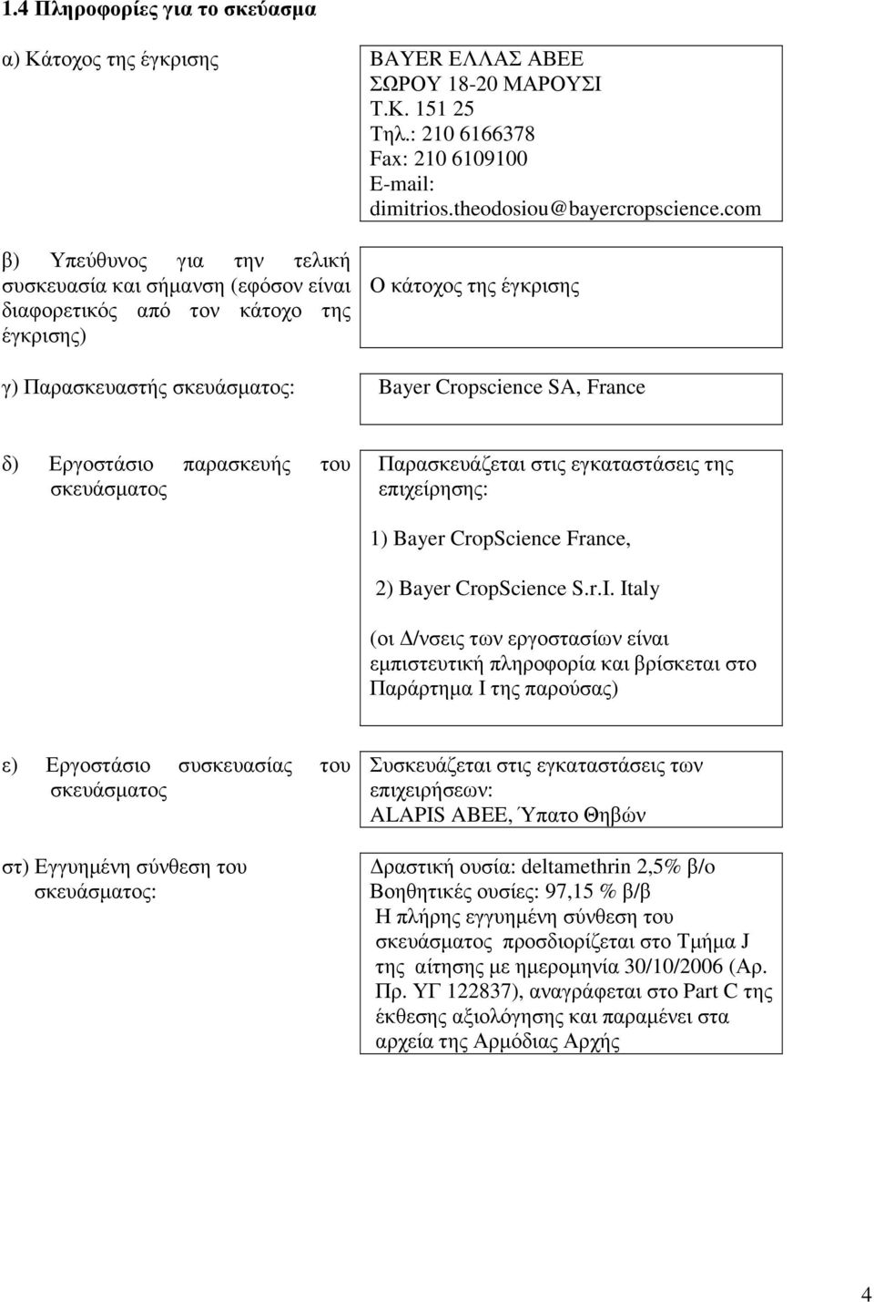 Εργοστάσιο παρασκευής του σκευάσ Παρασκευάζεται στις εγκαταστάσεις της επιχείρησης: 1) Bayer CropScience France, 2) Bayer CropScience S.r.I.