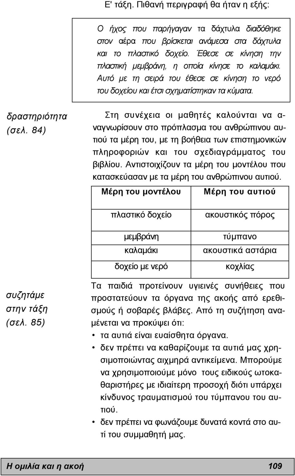 84) Στη συνέχεια οι µαθητές καλούνται να α- ναγνωρίσουν στο πρόπλασµα του ανθρώπινου αυτιού τα µέρη του, µε τη βοήθεια των επιστηµονικών πληροφοριών και του σχεδιαγράµµατος του βιβλίου.