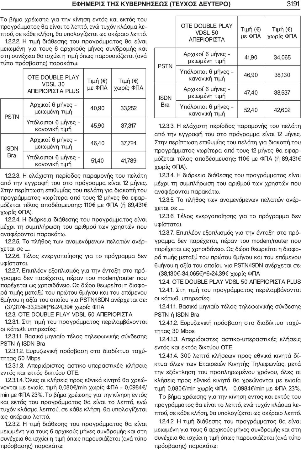 2.2. Η τιμή διάθεσης του προγράμματος θα είναι μειωμένη για τους 6 αρχικούς μήνες συνδρομής και στη συνέχεια θα ισχύει η τιμή όπως παρουσιάζεται (ανά τύπο πρόσβασης) παρακάτω: PSTN ISDN Bra OTE