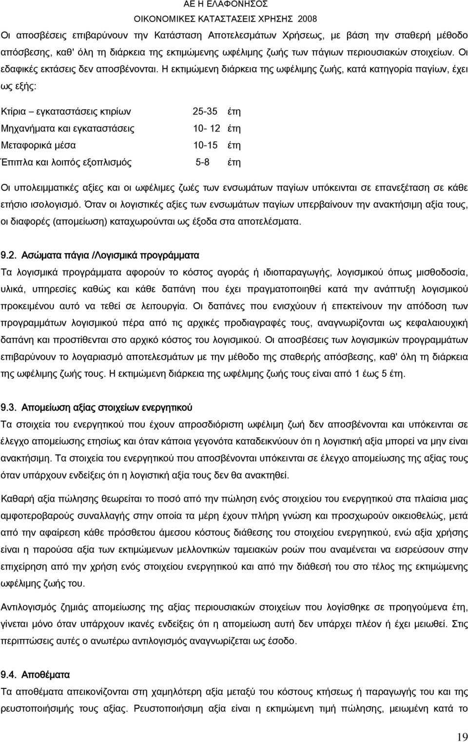 Η εκτιμώμενη διάρκεια της ωφέλιμης ζωής, κατά κατηγορία παγίων, έχει ως εξής: Κτίρια εγκαταστάσεις κτιρίων 25-35 έτη Μηχανήματα και εγκαταστάσεις 10-12 έτη Μεταφορικά μέσα 10-15 έτη Έπιπλα και λοιπός