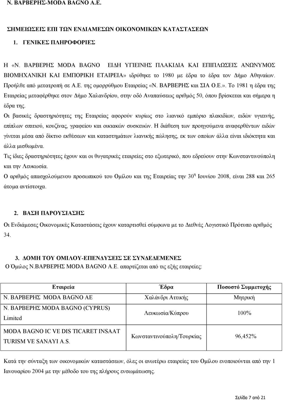 ΒΑΡΒΕΡΗΣ και ΣΙΑ Ο.Ε.». Το 1981 η έδρα της Εταιρείας µεταφέρθηκε στον ήµο Χαλανδρίου, στην οδό Αναπαύσεως αριθµός 50, όπου βρίσκεται και σήµερα η έδρα της.