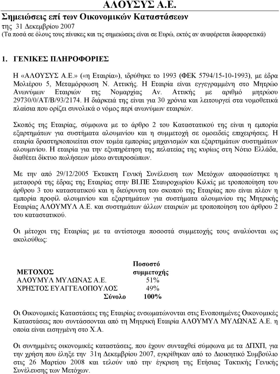 Η διάρκειά της είναι για 30 χρόνια και λειτουργεί στα νομοθετικά πλαίσια που ορίζει συνολικά ο νόμος περί ανωνύμων εταιριών.