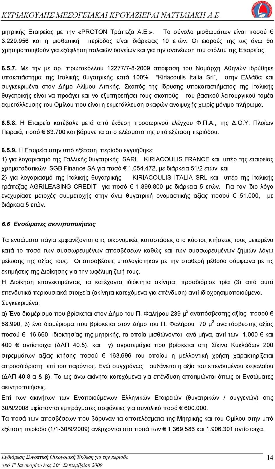 πρωτοκόλλου 12277/7-8-2009 απόφαση του Νομάρχη Αθηνών ιδρύθηκε υποκατάστημα της Ιταλικής θυγατρικής κατά 100% Kiriacoulis Italia Srl, στην Ελλάδα και συγκεκριμένα στον Δήμο Αλίμου Αττικής.