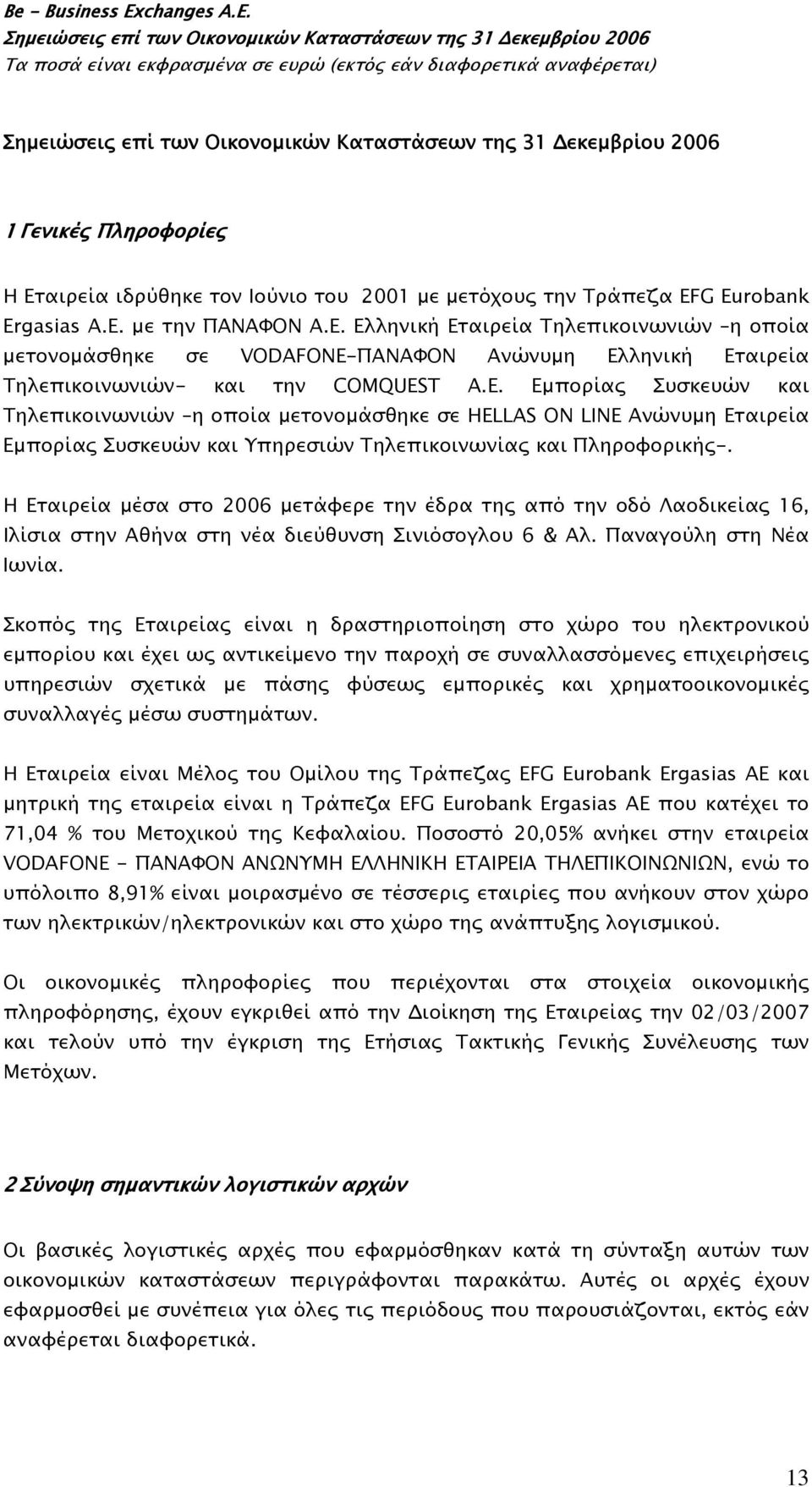 Η Εταιρεία μέσα στο 2006 μετάφερε την έδρα της από την οδό Λαοδικείας 16, Ιλίσια στην Αθήνα στη νέα διεύθυνση Σινιόσογλου 6 & Aλ. Παναγούλη στη Νέα Ιωνία.