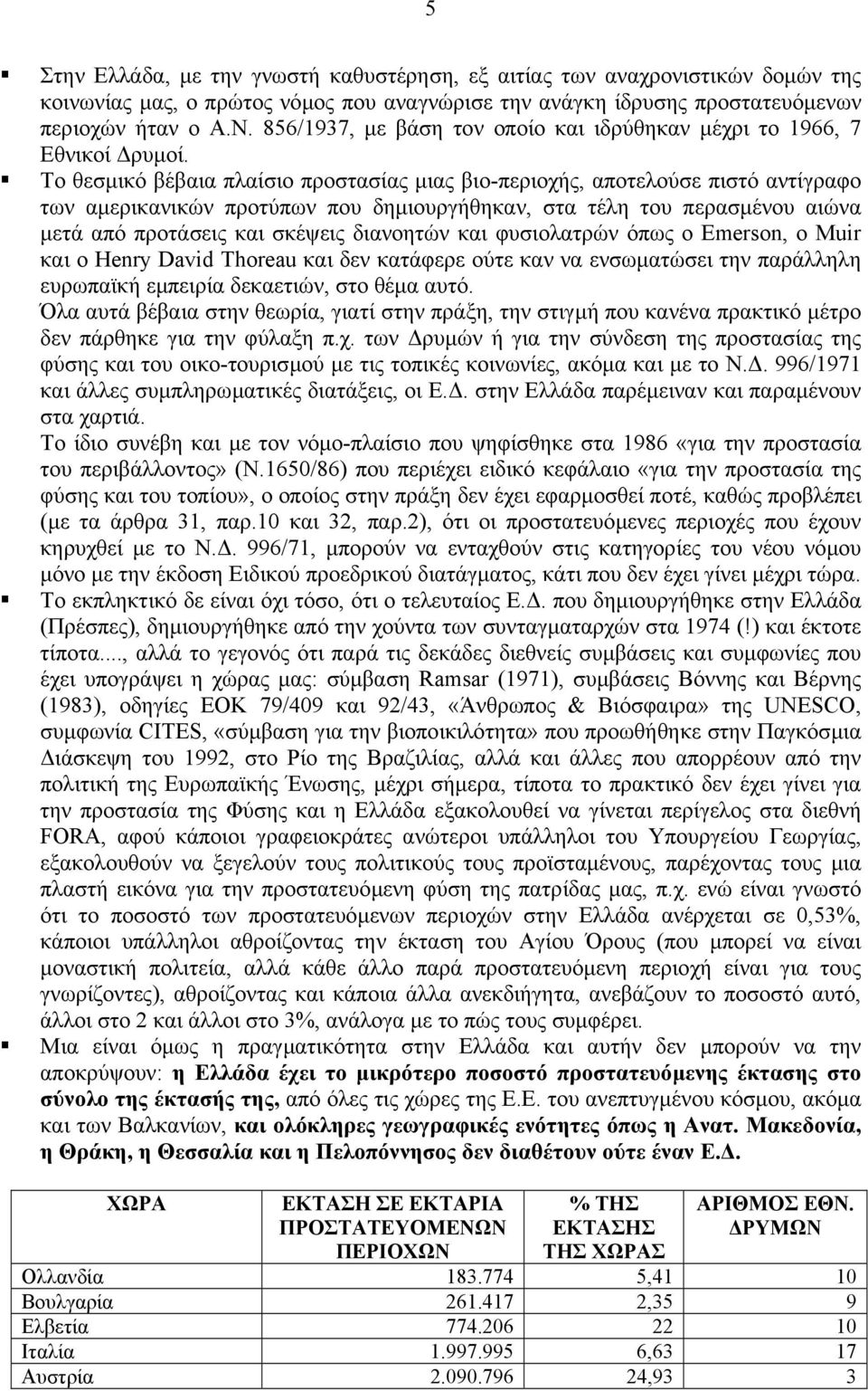 Το θεσµικό βέβαια πλαίσιο προστασίας µιας βιο-περιοχής, αποτελούσε πιστό αντίγραφο των αµερικανικών προτύπων που δηµιουργήθηκαν, στα τέλη του περασµένου αιώνα µετά από προτάσεις και σκέψεις διανοητών