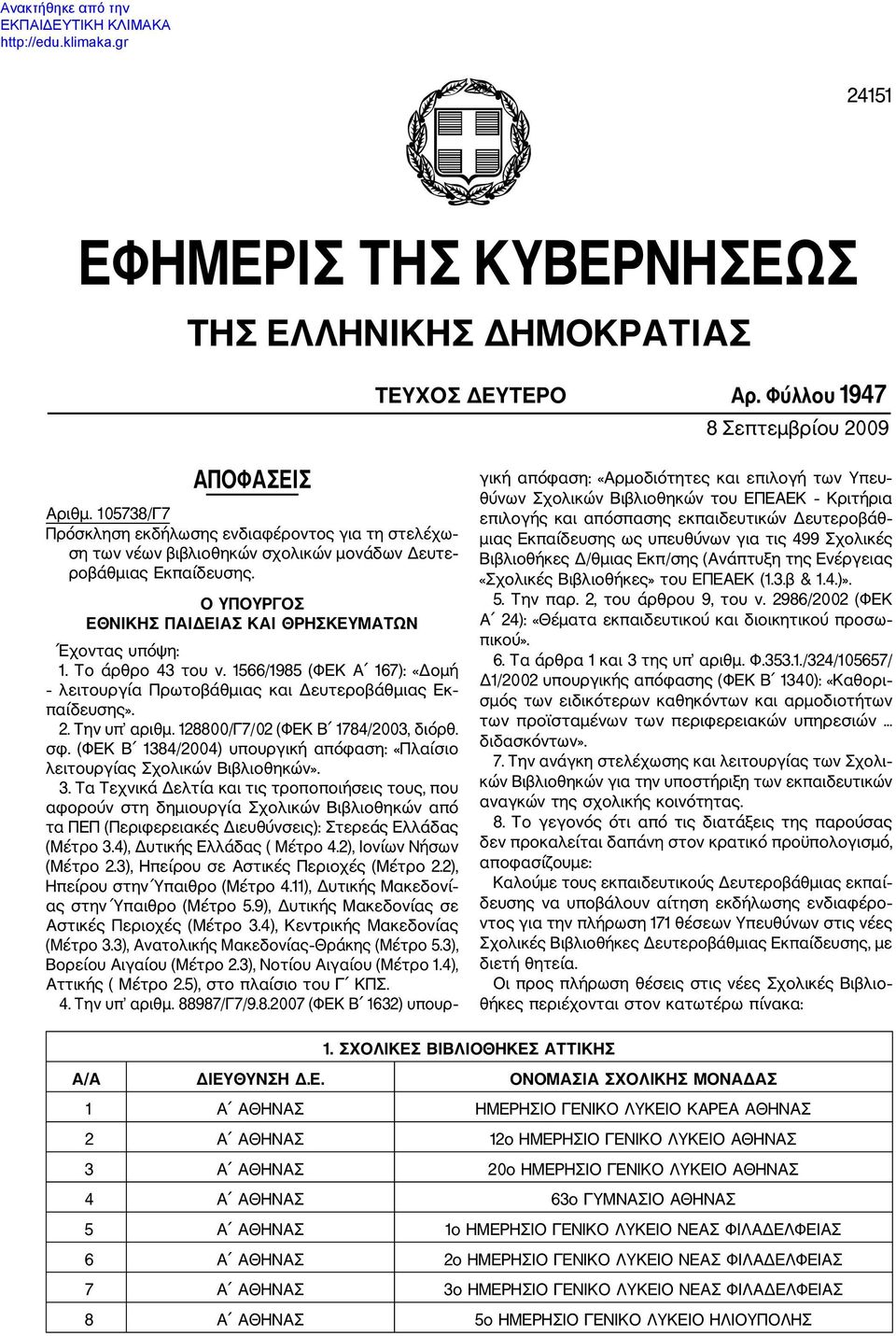 Το άρθρο 43 του ν. 1566/1985 (ΦΕΚ Α 167): «Δομή λειτουργία Πρωτοβάθμιας και Δευτεροβάθμιας Εκ παίδευσης». 2. Την υπ αριθμ. 128800/Γ7/02 (ΦΕΚ Β 1784/2003, διόρθ. σφ.