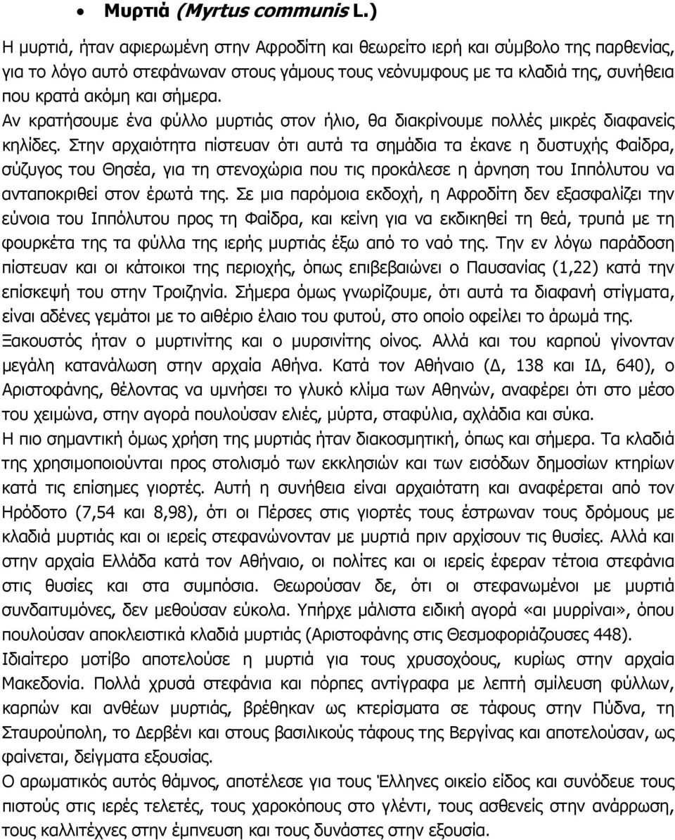 Αν κρατήσουμε ένα φύλλο μυρτιάς στον ήλιο, θα διακρίνουμε πολλές μικρές διαφανείς κηλίδες.