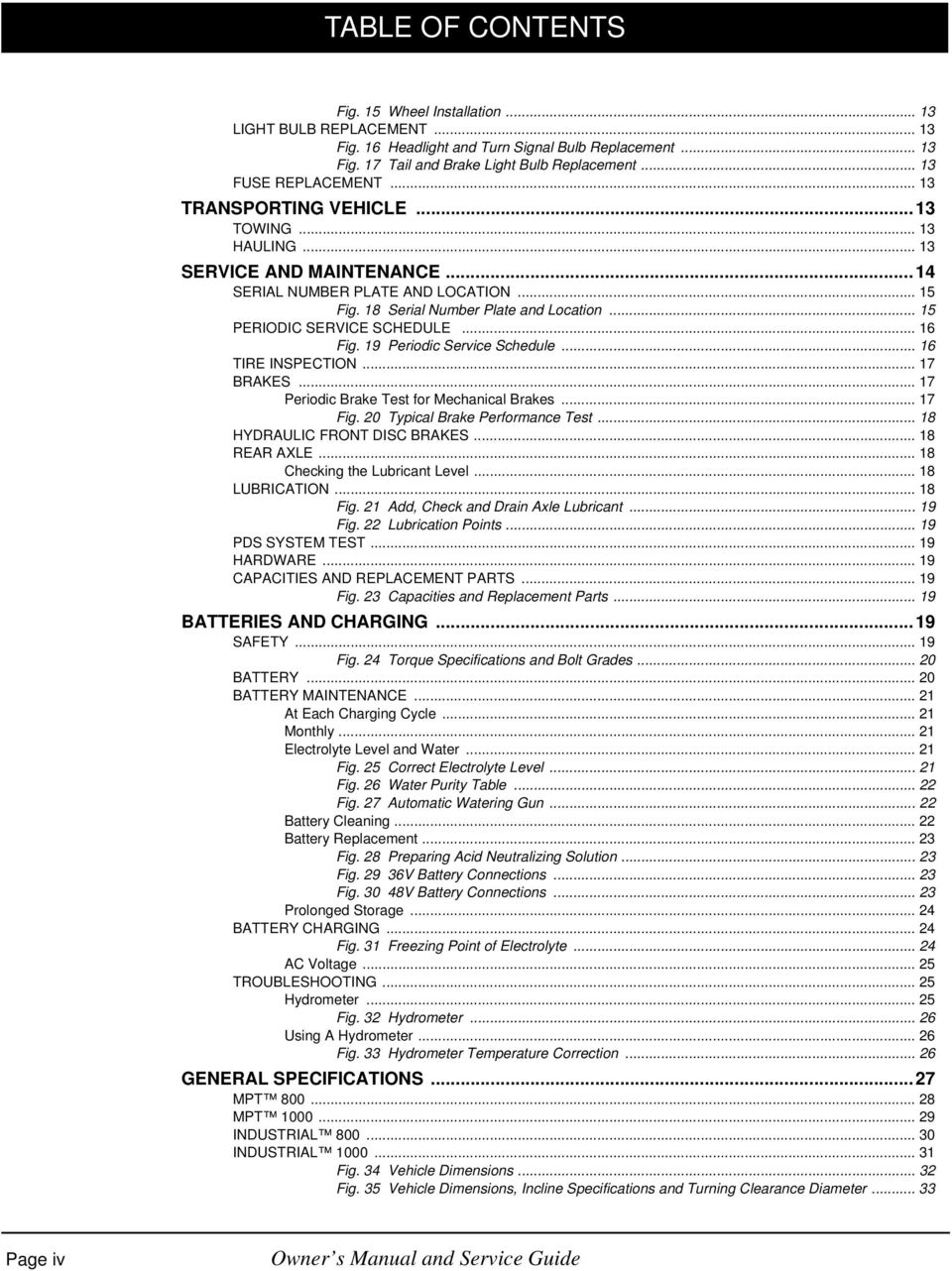 .. 15 PERIODIC SERVICE SCHEDULE... 16 Fig. 19 Periodic Service Schedule... 16 TIRE INSPECTION... 17 BRAKES... 17 Periodic Brake Test for Mechanical Brakes... 17 Fig. 20 Typical Brake Performance Test.