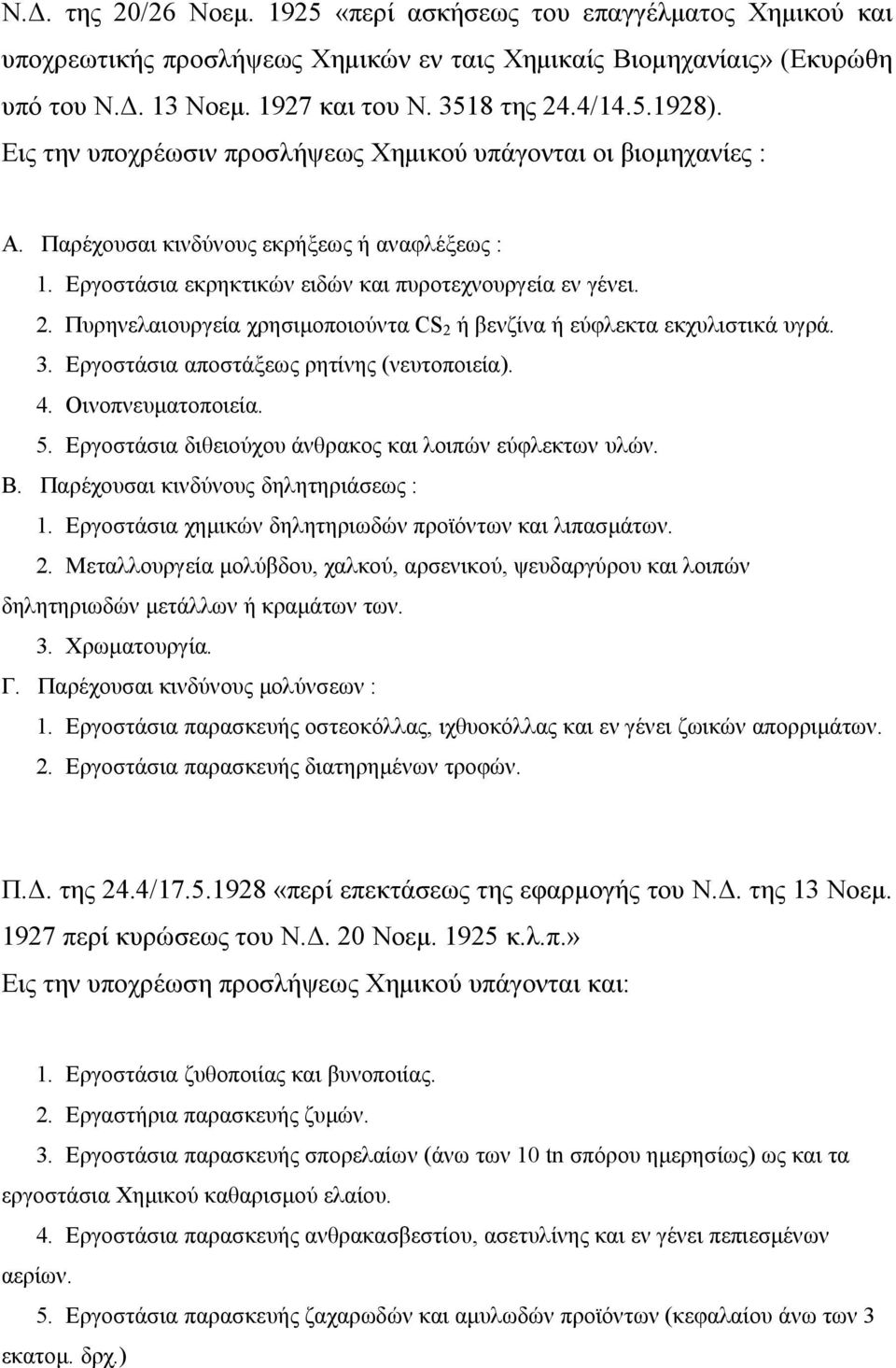 Πυρηνελαιουργεία χρησιμοποιούντα CS 2 ή βενζίνα ή εύφλεκτα εκχυλιστικά υγρά. 3. Εργοστάσια αποστάξεως ρητίνης (νευτοποιεία). 4. Οινοπνευματοποιεία. 5.