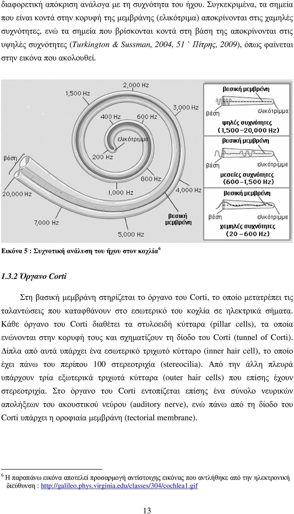 συχνότητες (Turkington & Sussman, 2004, 51 ` Πίτρης, 2009), όπως φαίνεται στην εικόνα που ακολουθεί. Εικόνα 5 : Συχνοτική ανάλυση του ήχου στον κοχλία 6 1.3.