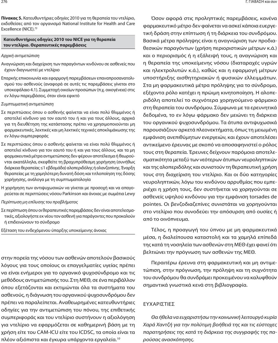 Θεραπευτικές παρεμβάσεις Αρχική αντιμετώπιση Αναγνώριση και διαχείριση των παραγόντων κινδύνου σε ασθενείς που έχουν διαγνωστεί με ντελίριο Επαρκής επικοινωνία και εφαρμογή παρεμβάσεων