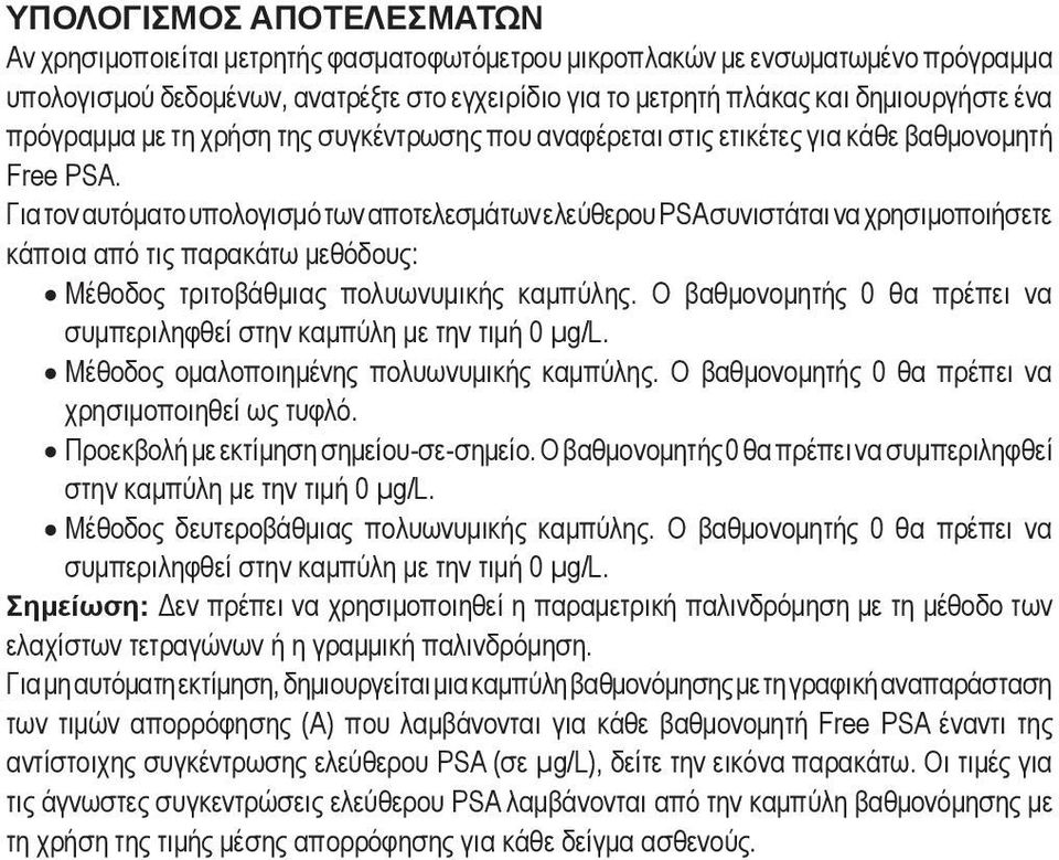 Για τον αυτόματο υπολογισμό των αποτελεσμάτων ελεύθερου PSA συνιστάται να χρησιμοποιήσετε κάποια από τις παρακάτω μεθόδους: Μέθοδος τριτοβάθμιας πολυωνυμικής καμπύλης.