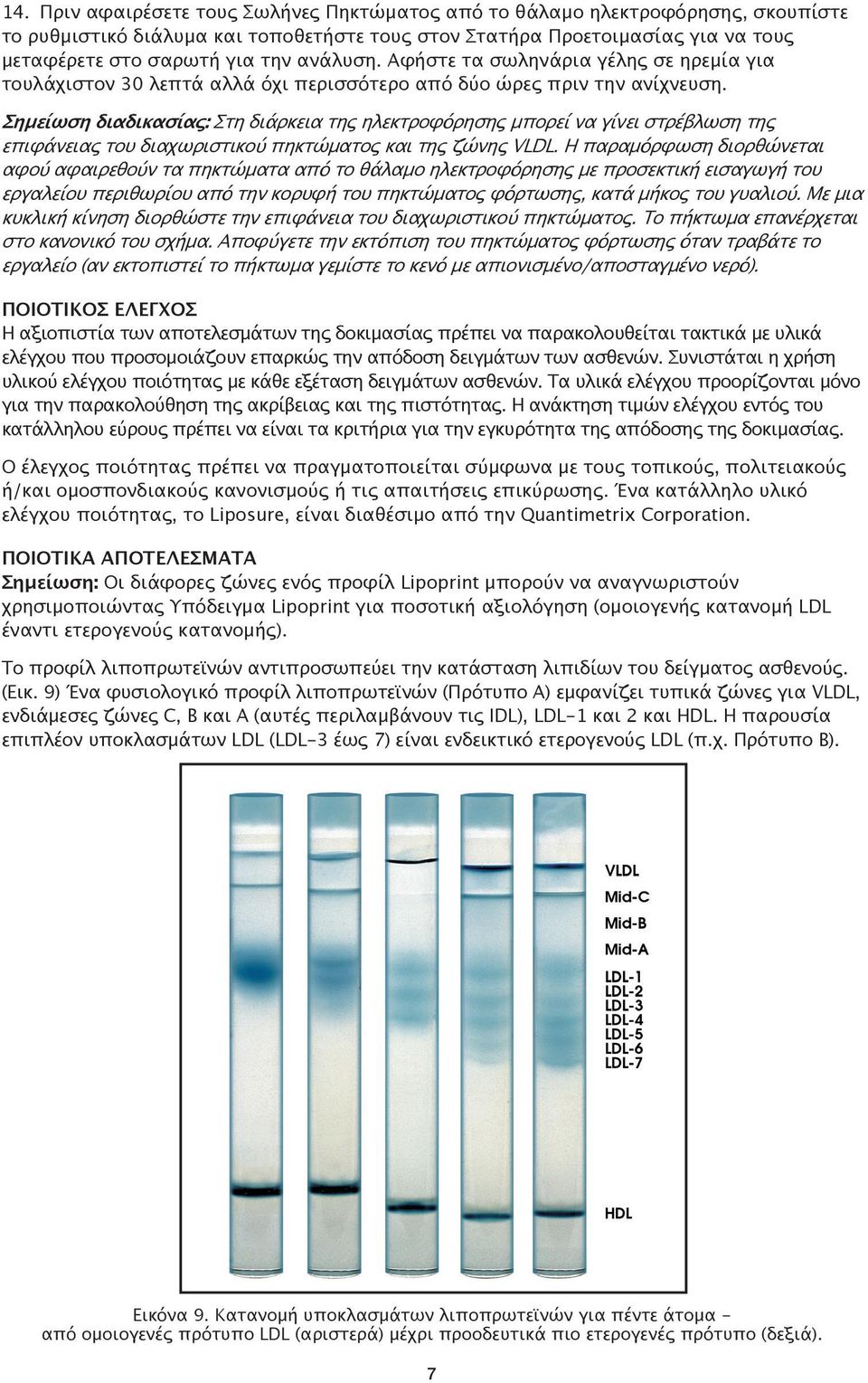 Σημείωση διαδικασίας: Στη διάρκεια της ηλεκτροφόρησης μπορεί να γίνει στρέβλωση της επιφάνειας του διαχωριστικού πηκτώματος και της ζώνης VLDL.