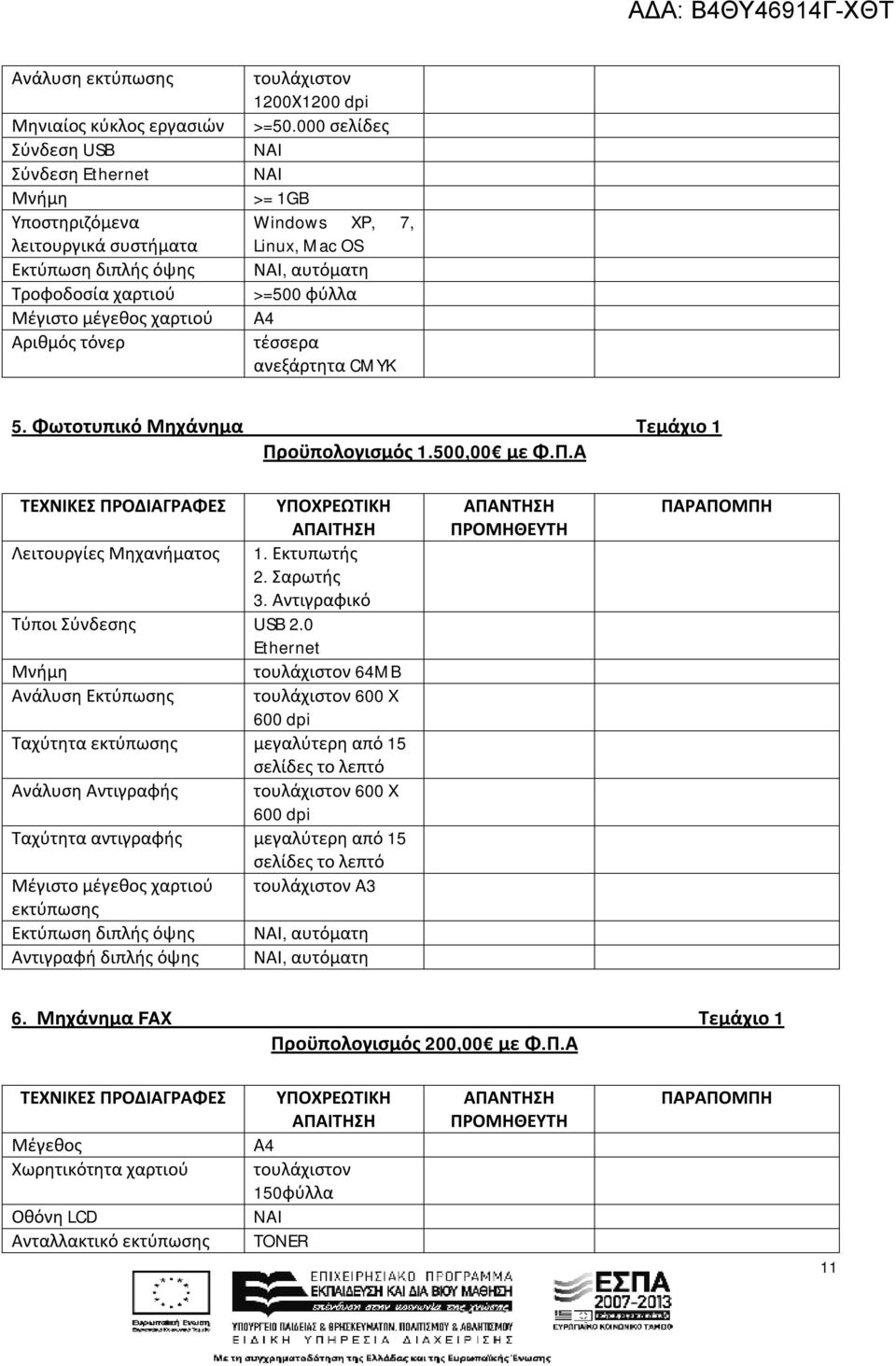 οϋπολογισμός 1.500,00 με Φ.Π.Α ΤΕΧΝΙΚΕΣ ΠΡΟΔΙΑΓΡΑΦΕΣ ΥΠΟΧΡΕΩΤΙΚΗ ΑΠΑΙΤΗΣΗ Λειτουργίες Μηχανήματος 1. Εκτυπωτής 2. Σαρωτής 3. Αντιγραφικό Τύποι Σύνδεσης USB 2.