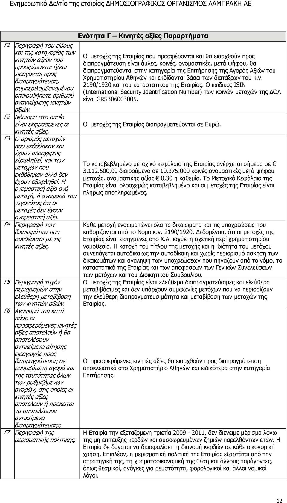 Η ονομαστική αξία ανά μετοχή, ή αναφορά του γεγονότος ότι οι μετοχές δεν έχουν ονομαστική αξία. Γ4 Περιγραφή των δικαιωμάτων που συνδέονται με τις κινητές αξίες.