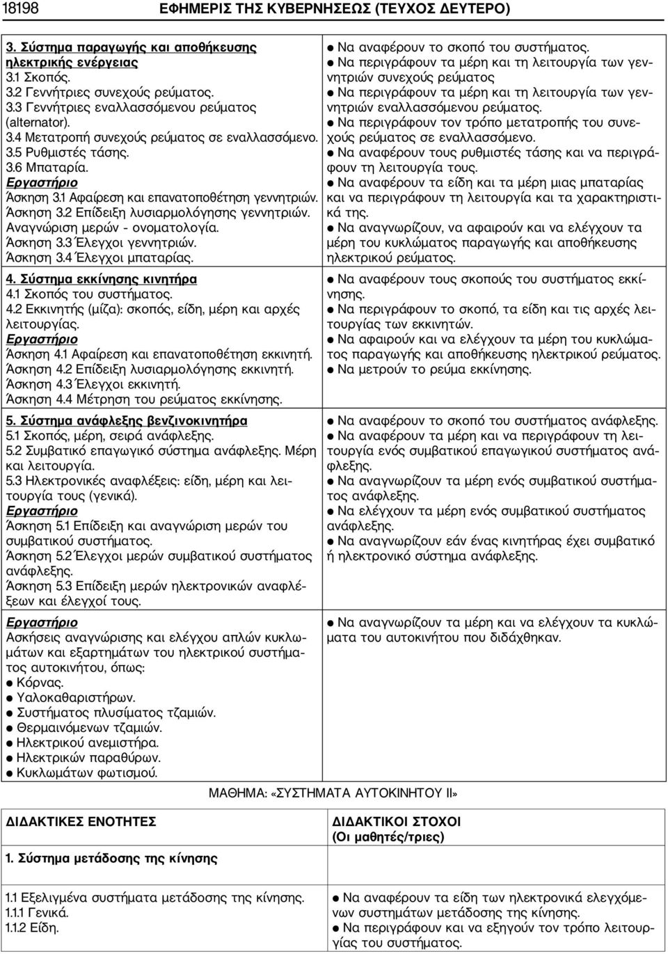 Αναγνώριση μερών ονοματολογία. Άσκηση 3.3 Έλεγχοι γεννητριών. Άσκηση 3.4 Έλεγχοι μπαταρίας. 4. Σύστημα εκκίνησης κινητήρα 4.1 Σκοπός του συστήματος. 4.2 Εκκινητής (μίζα): σκοπός, είδη, μέρη και αρχές λειτουργίας.