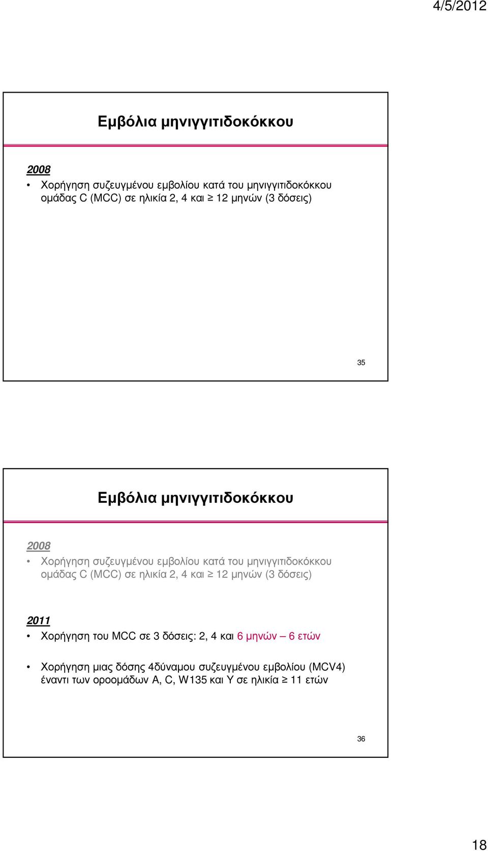 Χορήγηση µιας δόσης 4δύναµου συζευγµένου εµβολίου (MCV4) έναντι των οροοµάδων A, C, W135 και Y σε ηλικία 11 ετών 36