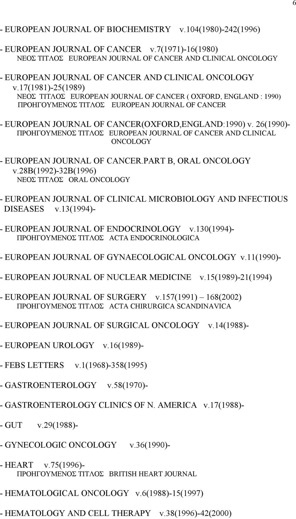 17(1981)-25(1989) ΝΕΟΣ ΤΙΤΛΟΣ EUROPEAN JOURNAL OF CANCER ( OXFORD, ENGLAND : 1990) ΠΡΟΗΓΟΥΜΕΝΟΣ ΤΙΤΛΟΣ EUROPEAN JOURNAL OF CANCER - EUROPEAN JOURNAL OF CANCER(OXFORD,ENGLAND:1990) v.
