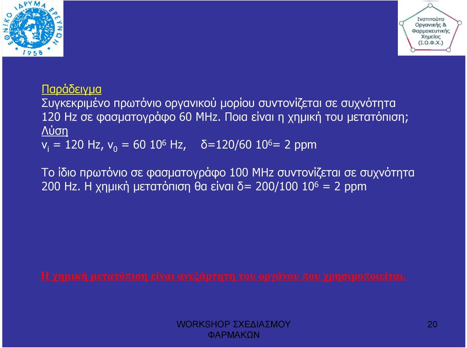 Ποια είναι η χηµική του µετατόπιση; Λύση ν i = 120 Ηz, ν 0 = 60 10 6 Hz, δ=120/60 10 6 = 2 ppm Το