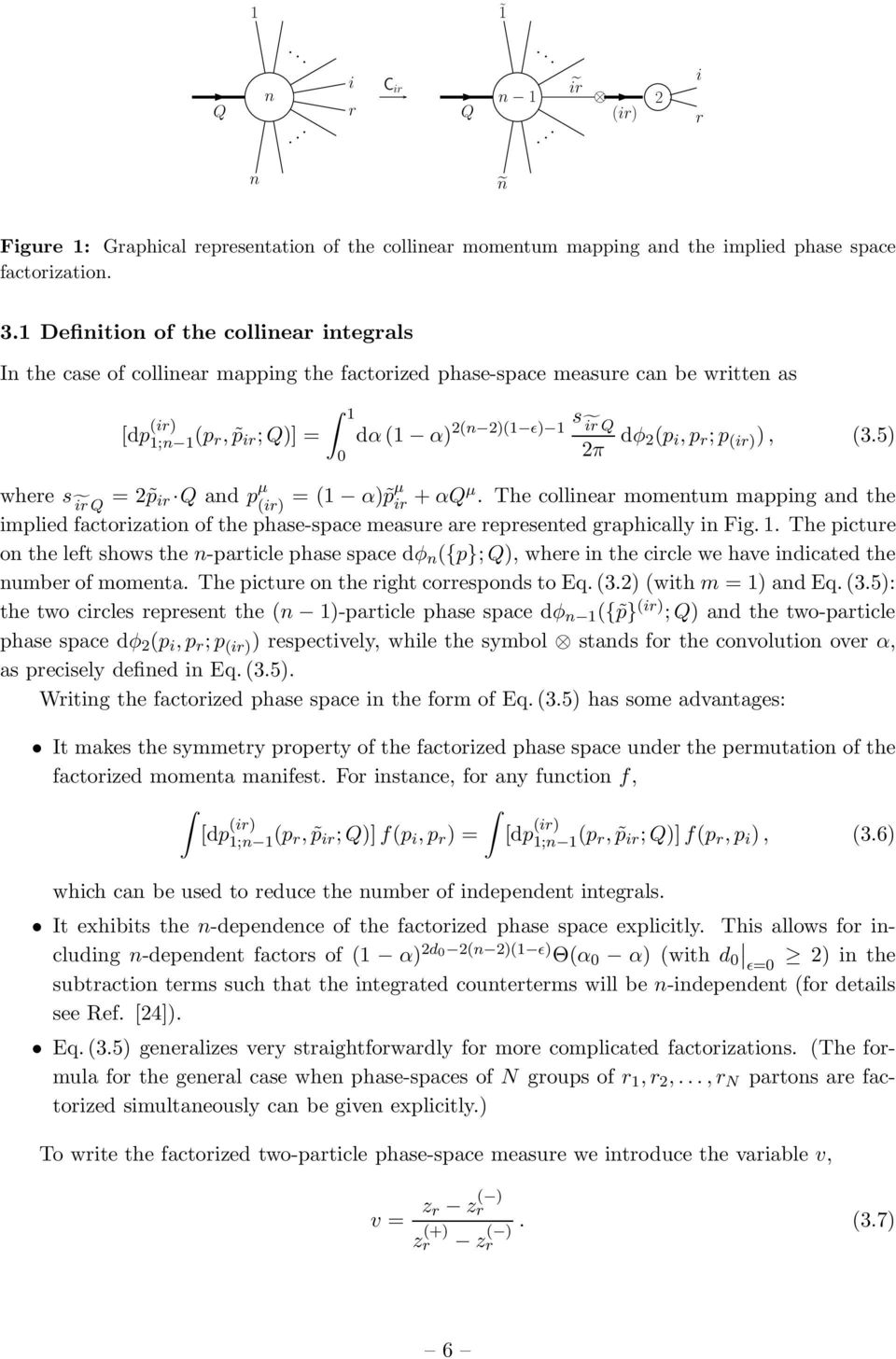 where s f ir Q = p ir Q and p µ ir = α pµ ir αqµ. The collinear momentum mapping and the implied factorization of the phase-space measure are represented graphically in Fig.