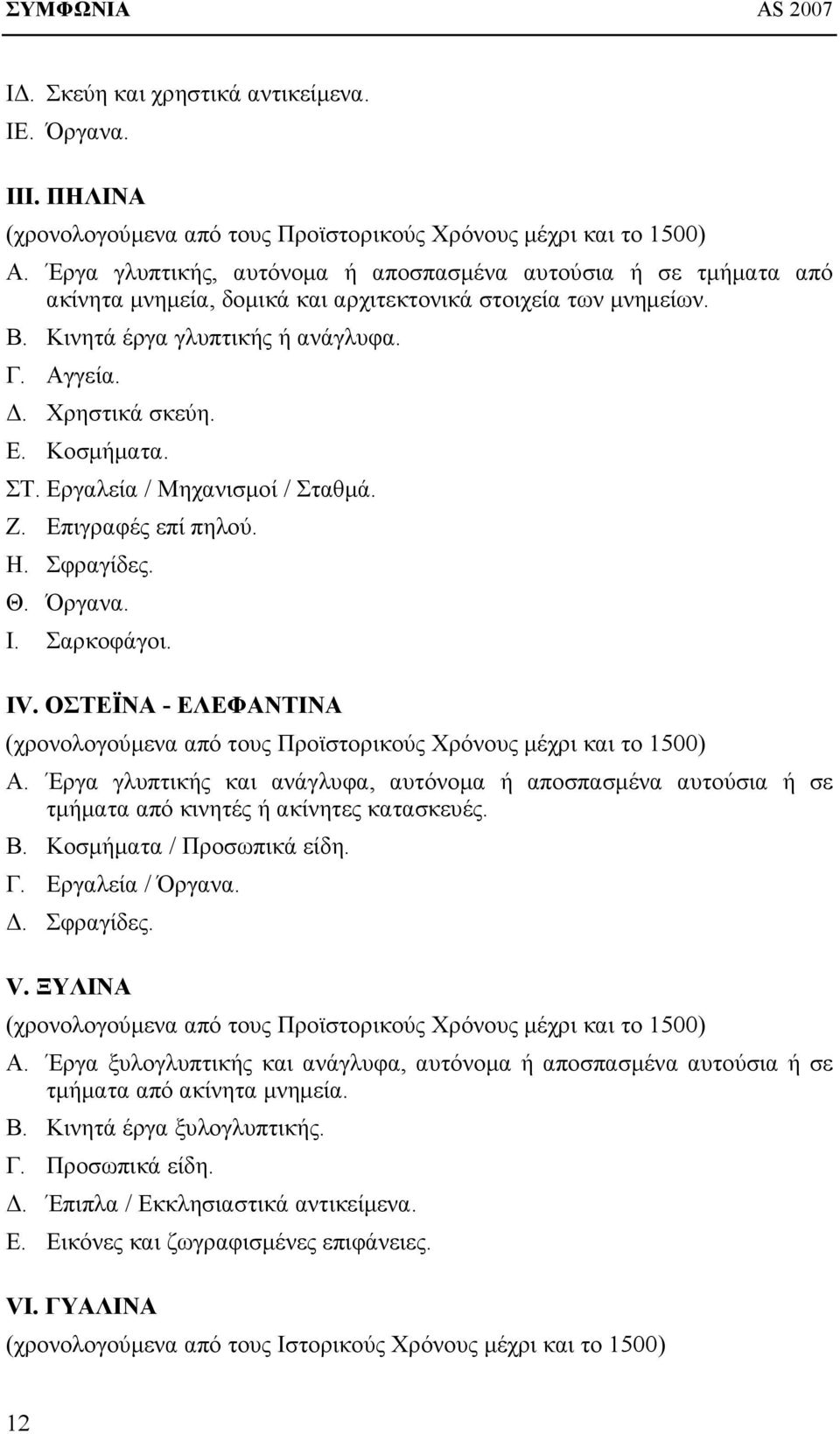 Κοσμήματα. ΣΤ. Εργαλεία / Μηχανισμοί / Σταθμά. Ζ. Επιγραφές επί πηλού. Η. Σφραγίδες. Θ. Όργανα. Ι. Σαρκοφάγοι. IV.