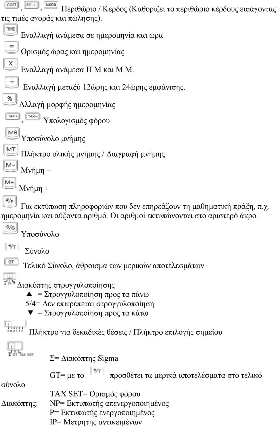 Αλλαγή μορφής ημερομηνίας Υπολογισμός φόρου Υποσύνολο μνήμης Πλήκτρο ολικής μνήμης / Διαγραφή μνήμης Μνήμη Μνήμη + Για εκτύπωση πληροφοριών που δεν επηρεάζουν τη μαθηματική πράξη, π.χ.