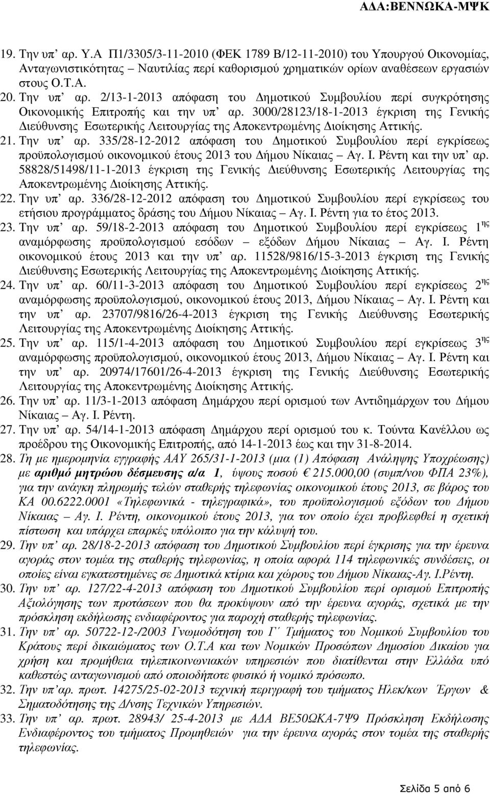 335/28-12-2012 απόφαση του ηµοτικού Συµβουλίου περί εγκρίσεως προϋπολογισµού οικονοµικού έτους 2013 του ήµου Νίκαιας Αγ. Ι. Ρέντη και την υπ αρ.