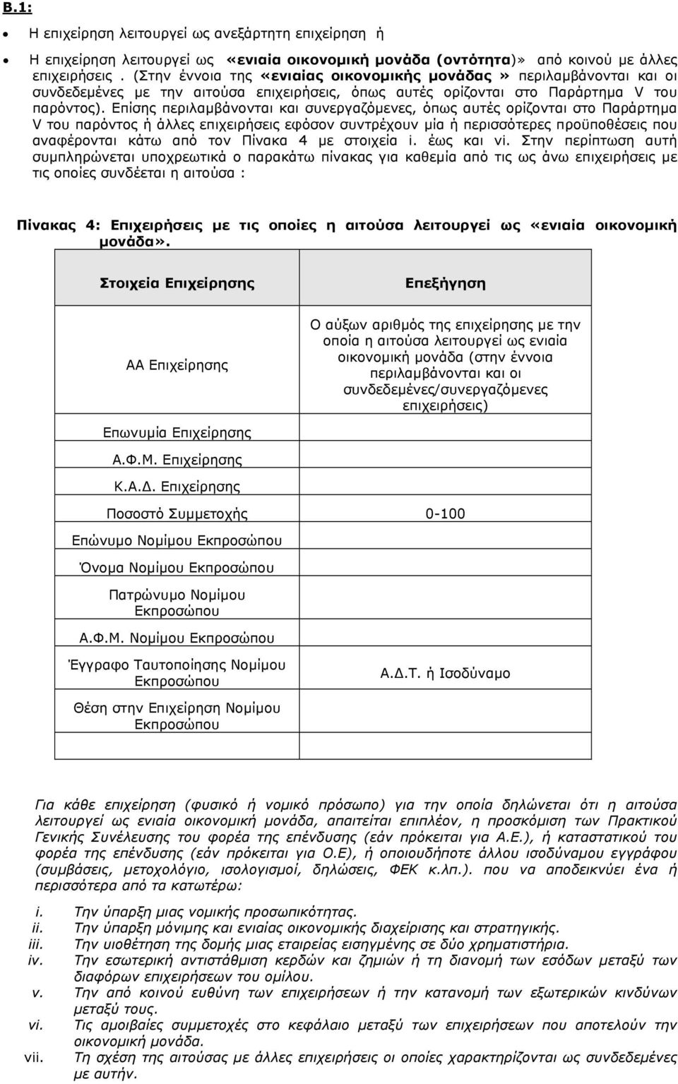 Επίσης περιλαµβάνονται και συνεργαζόµενες, όπως αυτές ορίζονται στο Παράρτηµα V του παρόντος ή άλλες επιχειρήσεις εφόσον συντρέχουν µία ή περισσότερες προϋποθέσεις που αναφέρονται κάτω από τον Πίνακα