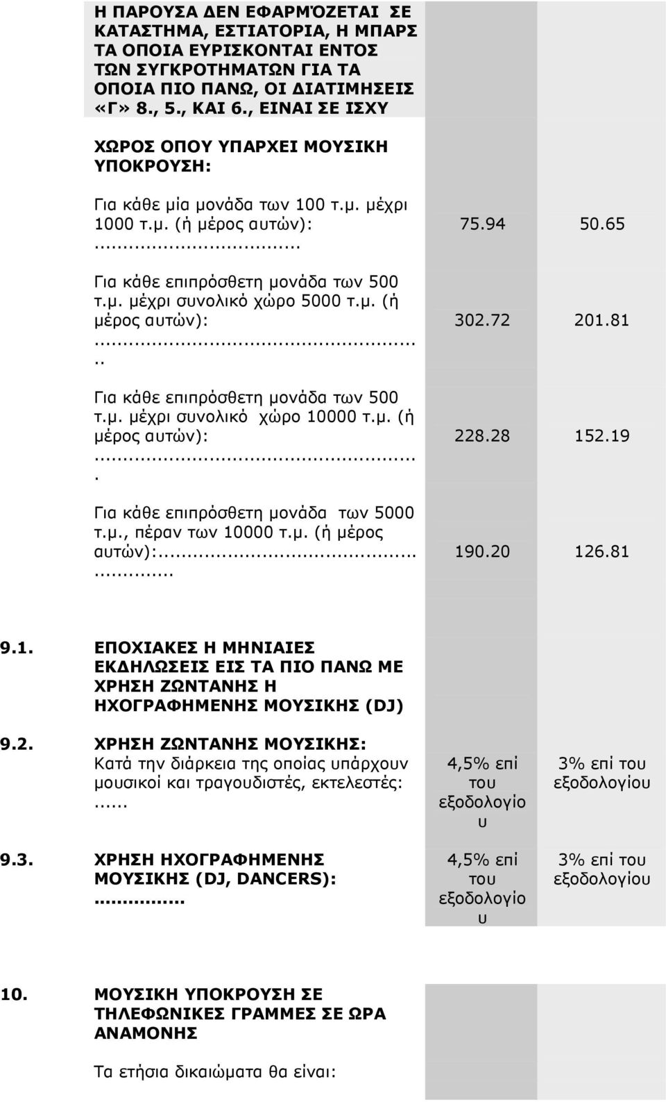 µ. (ή µέρος αυτών):.... Για κάθε επιπρόσθετη µονάδα των 5000 τ.µ., πέραν των 10000 τ.µ. (ή µέρος αυτών):...... 75.94 50.65 302.72 201.81 228.28 152.19 190.20 126.81 9.1. ΕΠΟΧΙΑΚΕΣ Η ΜΗΝΙΑΙΕΣ ΕΚ ΗΛΩΣΕΙΣ ΕΙΣ ΤΑ ΠΙΟ ΠΑΝΩ ΜΕ ΧΡΗΣΗ ΖΩΝΤΑΝΗΣ Η ΗΧΟΓΡΑΦΗΜΕΝΗΣ ΜΟΥΣΙΚΗΣ (DJ) 9.