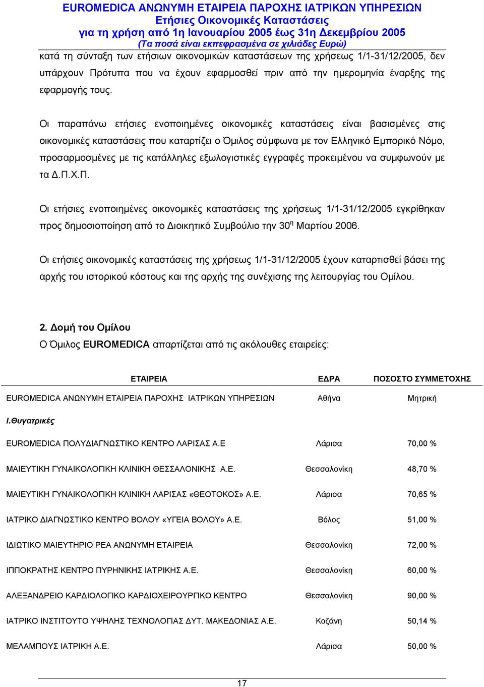 εξωλογιστικές εγγραφές προκειµένου να συµφωνούν µε τα.π.χ.π. Οι ετήσιες ενοποιηµένες οικονοµικές καταστάσεις της χρήσεως 1/1- εγκρίθηκαν προς δηµοσιοποίηση από το ιοικητικό Συµβούλιο την 30 η Μαρτίου 2006.