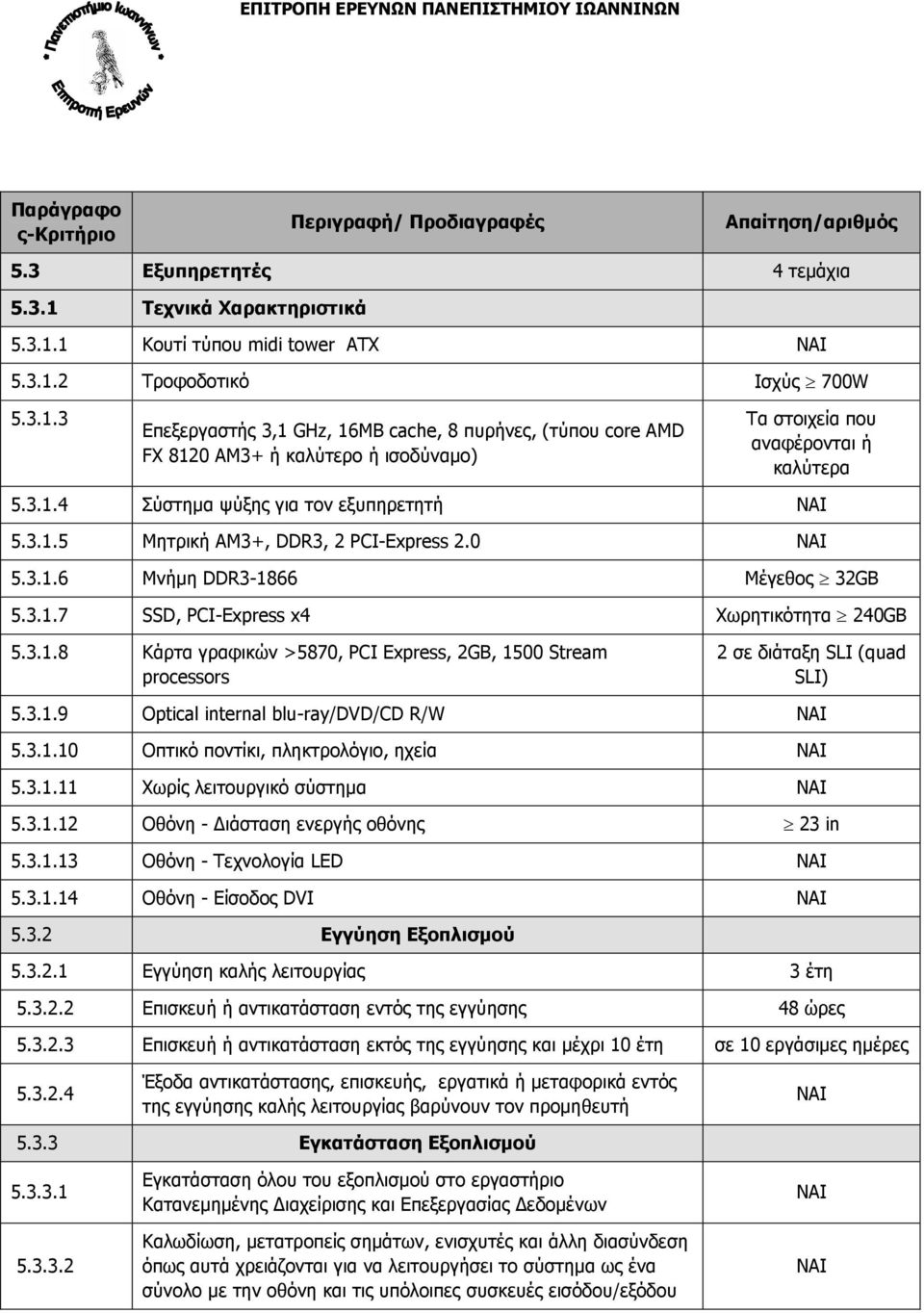 3.1.4 Σύστηµα ψύξης για τον εξυπηρετητή ΝΑΙ 5.3.1.5 Μητρική AM3+, DDR3, 2 PCI-Express 2.0 ΝΑΙ 5.3.1.6 Μνήµη DDR3-1866 Μέγεθος 32GB 5.3.1.7 SSD, PCI-Express x4 Χωρητικότητα 240GB 5.3.1.8 Κάρτα γραφικών >5870, PCI Express, 2GB, 1500 Stream processors 2 σε διάταξη SLI (quad SLI) 5.