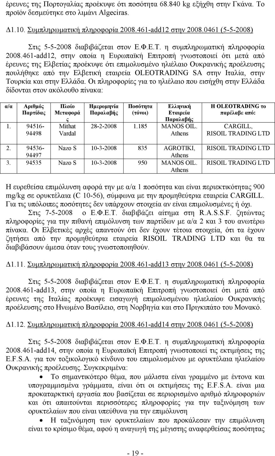 461-add12, στην οποία η Ευρωπαϊκή Επιτροπή γνωστοποιεί ότι µετά από έρευνες της Ελβετίας προέκυψε ότι επιµολυσµένο ηλιέλαιο Ουκρανικής προέλευσης πουλήθηκε από την Ελβετική εταιρεία OLEOTRADING SA