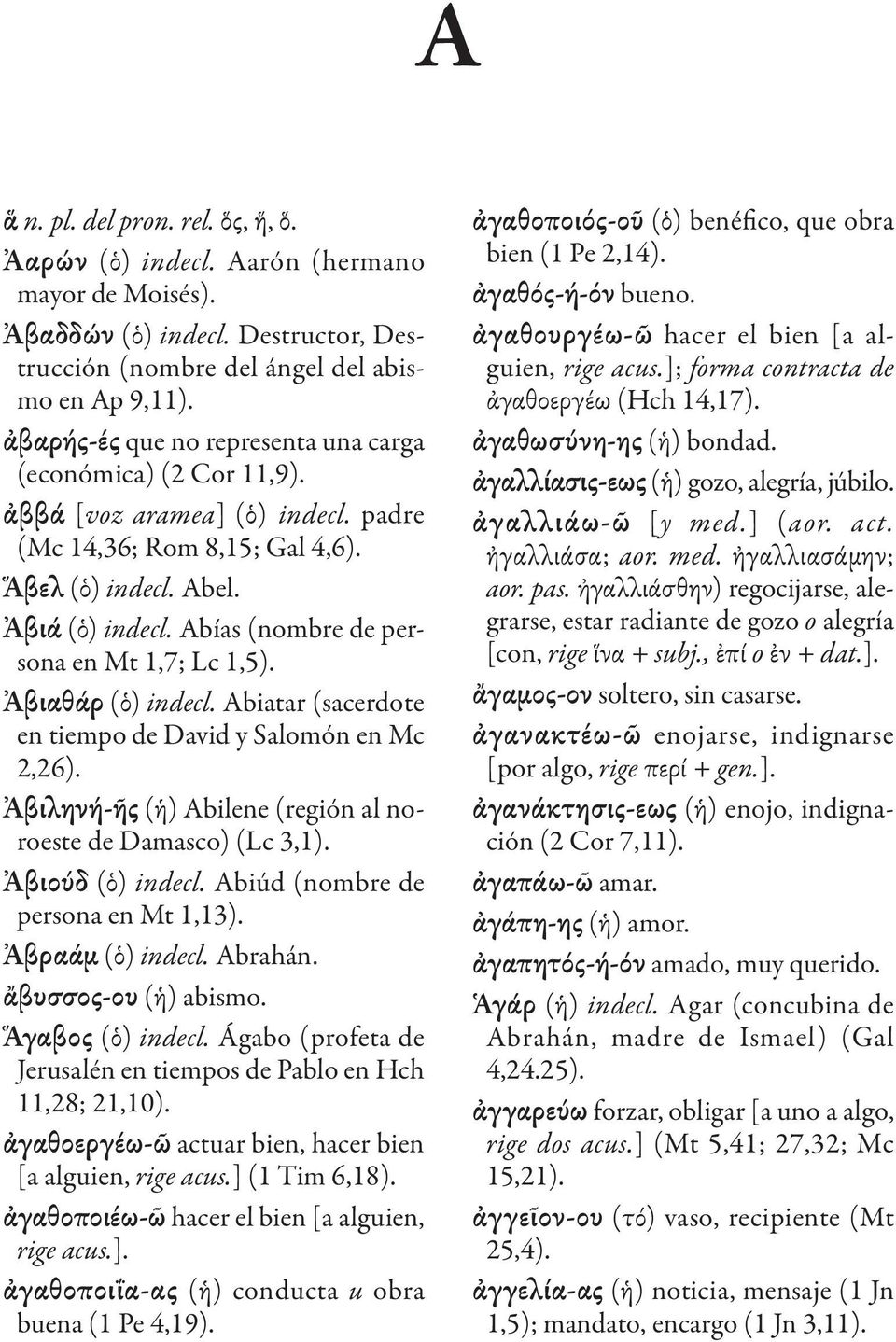 Abías (nombre de persona en Mt 1,7; Lc 1,5). Ἀβιαθάρ (ὁ) indecl. Abiatar (sacerdote en tiempo de David y Salomón en Mc 2,26). Ἀβιληνή-ῆς (ἡ) Abilene (región al noroeste de Damasco) (Lc 3,1).