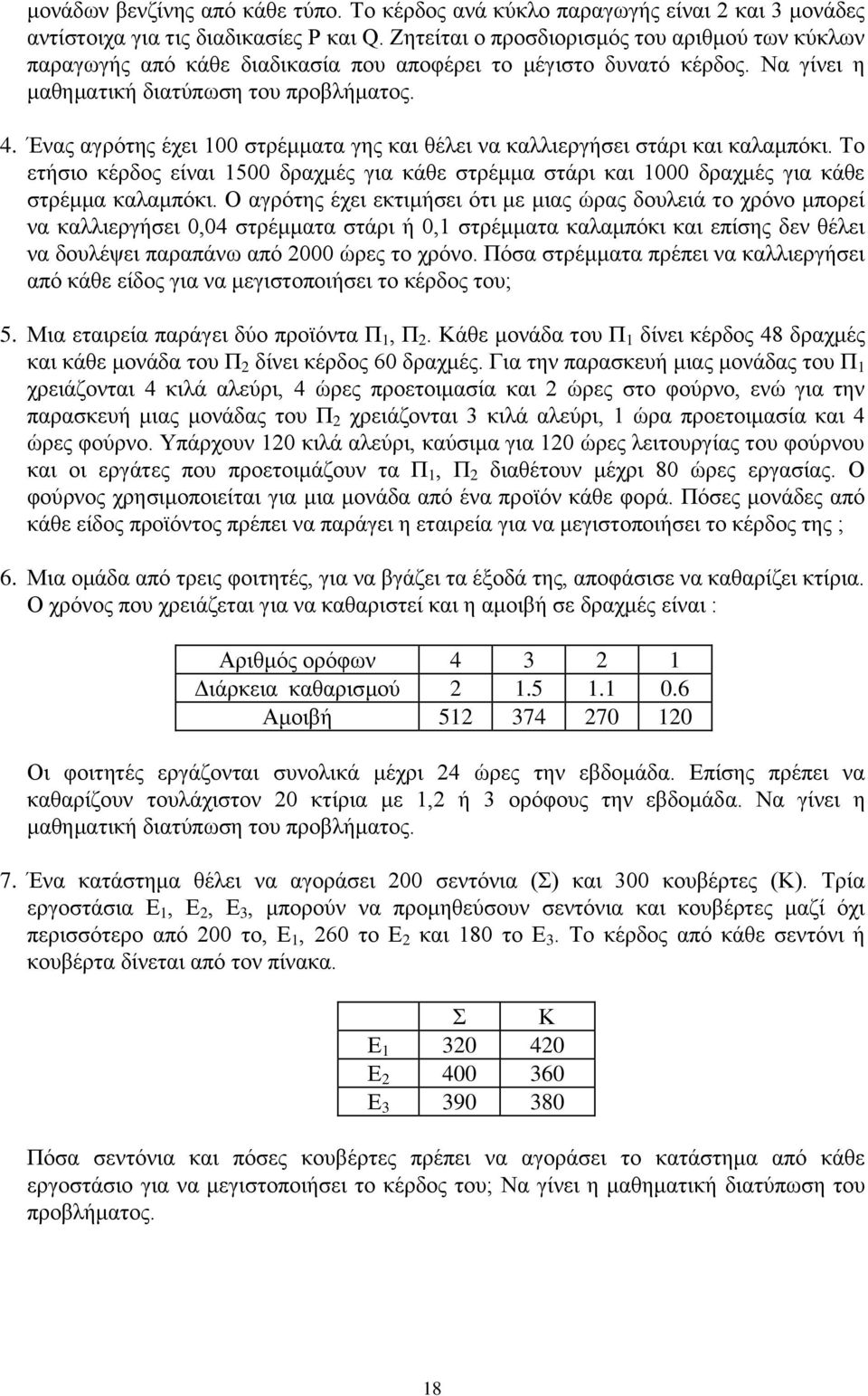 Ένας αγρότης έχει 100 στρέμματα γης και θέλει να καλλιεργήσει στάρι και καλαμπόκι. Το ετήσιο κέρδος είναι 1500 δραχμές για κάθε στρέμμα στάρι και 1000 δραχμές για κάθε στρέμμα καλαμπόκι.