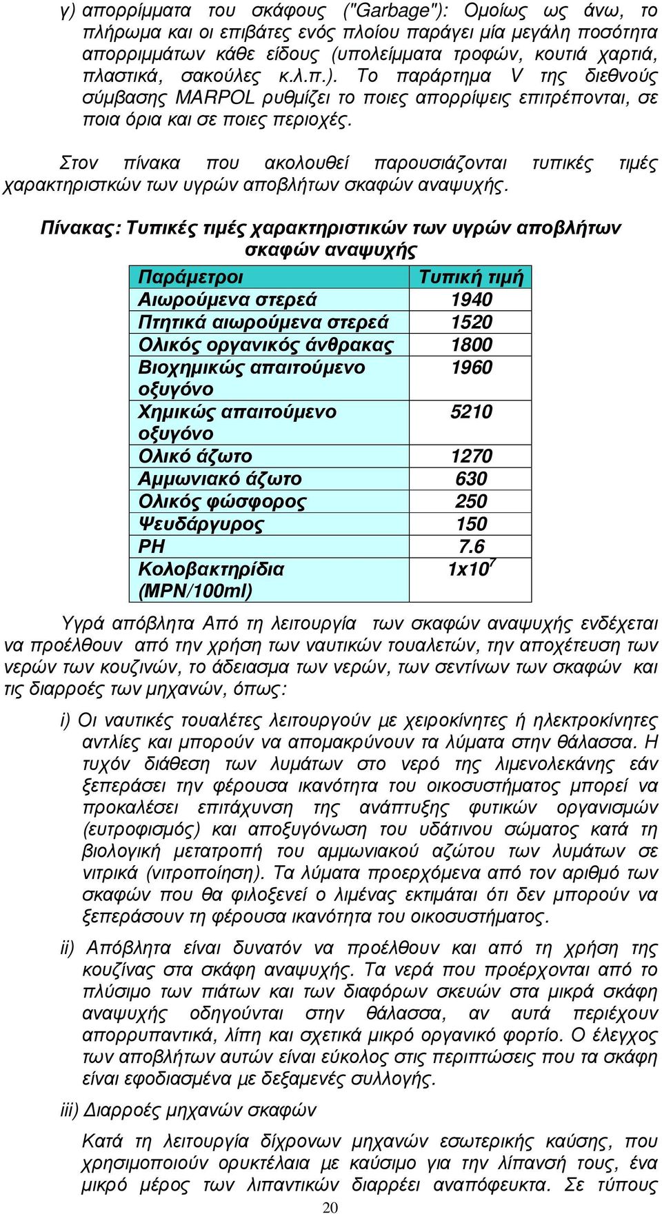 Στον πίνακα που ακολουθεί παρουσιάζονται τυπικές τιµές χαρακτηριστκών των υγρών αποβλήτων σκαφών αναψυχής.