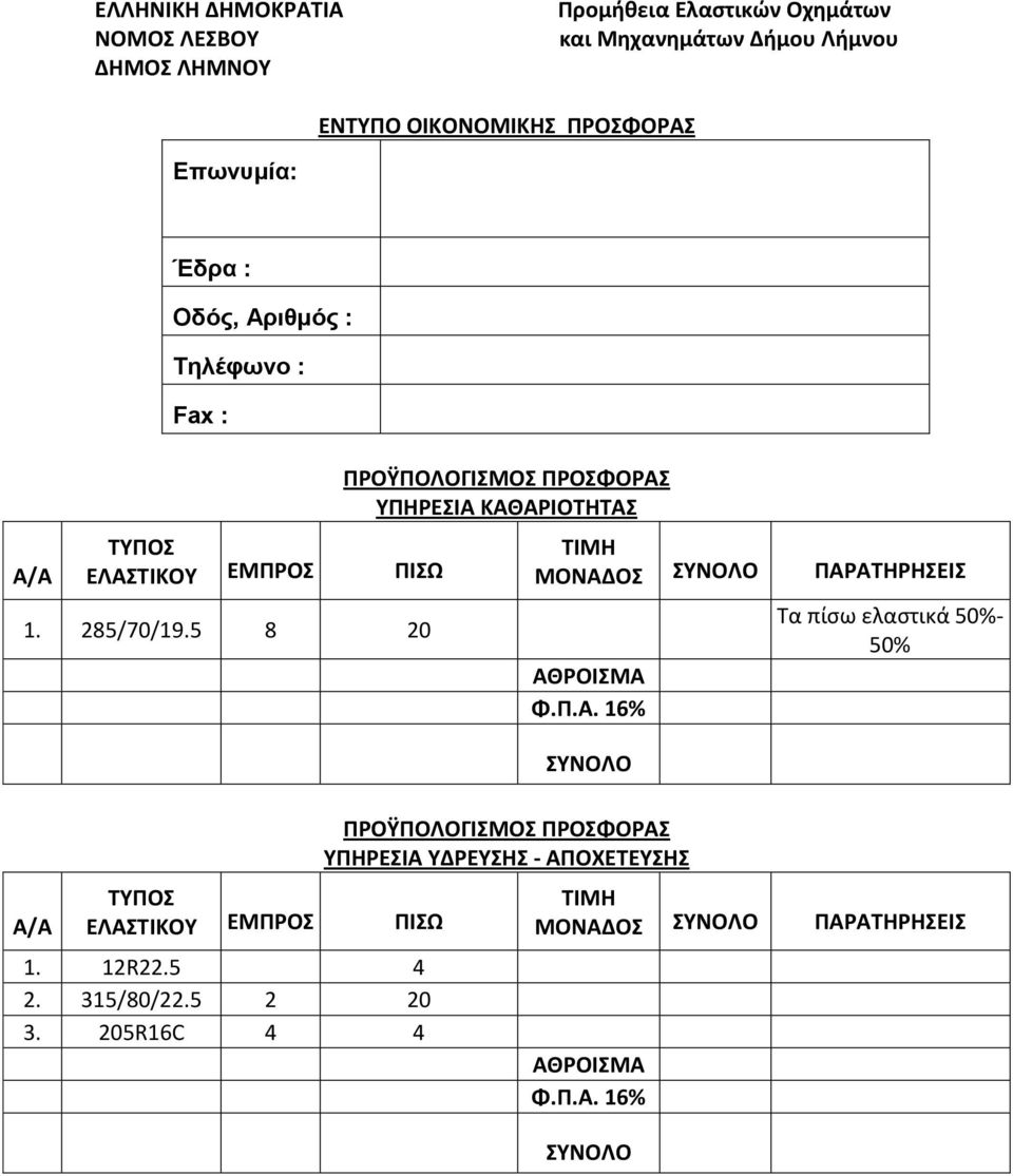 12R22.5 4 2. 315/80/22.5 2 20 3. 205R16C 4 4 ΠΡΟΫΠΟΛΟΓΙΣΜΟΣ ΠΡΟΣΦΟΡΑΣ