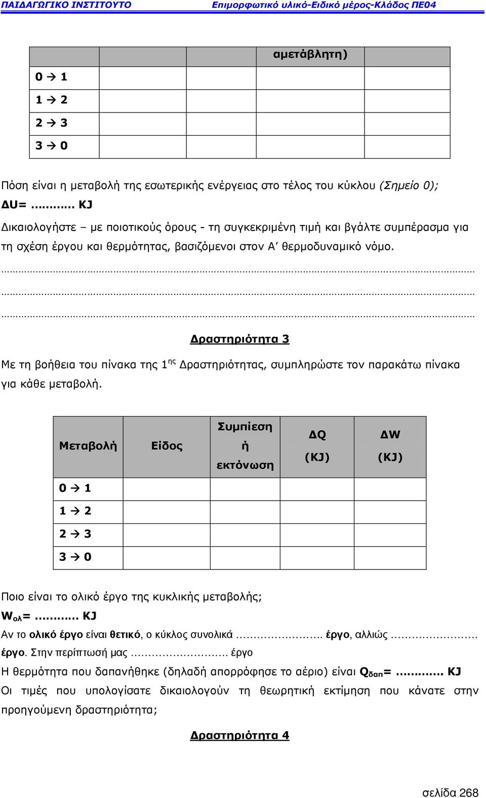 Μεταβολή Είδος Συµπίεση ή εκτόνωση Q (KJ) W (KJ) 0 1 1 2 2 3 3 0 Ποιο είναι το ολικό έργο της κυκλικής µεταβολής; W ολ = KJ Αν το ολικό έργο είναι θετικό, ο κύκλος συνολικά. έργο, αλλιώς. έργο. Στην περίπτωσή µας.