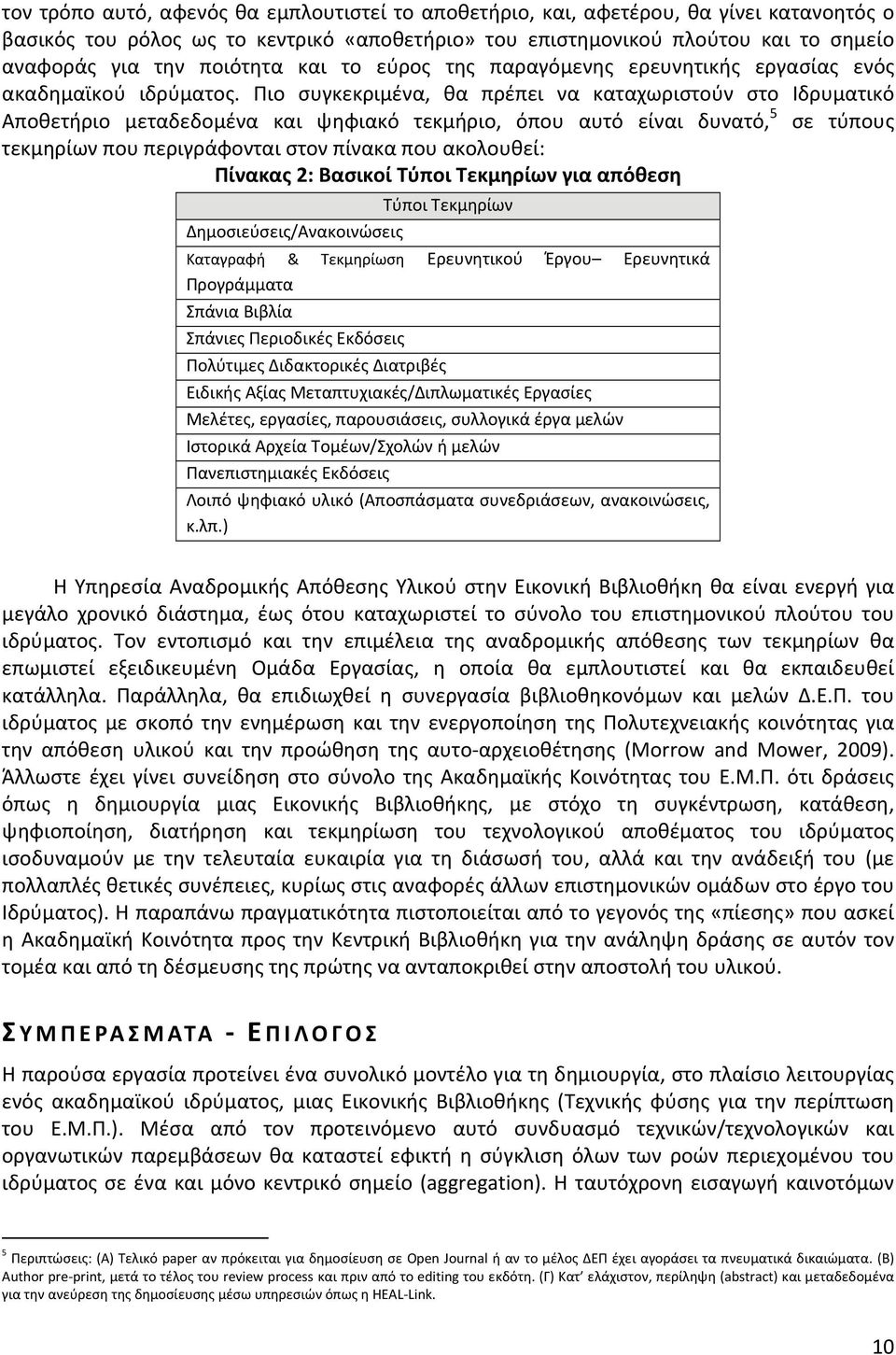 Πιο συγκεκριμένα, θα πρέπει να καταχωριστούν στο Ιδρυματικό Αποθετήριο μεταδεδομένα και ψηφιακό τεκμήριο, όπου αυτό είναι δυνατό, 5 σε τύπους τεκμηρίων που περιγράφονται στον πίνακα που ακολουθεί: