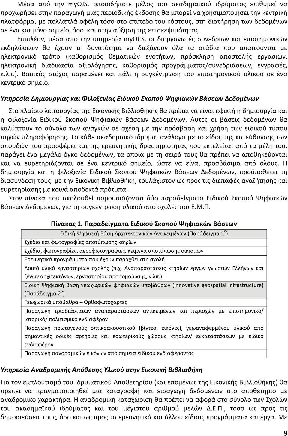 Επιπλέον, μέσα από την υπηρεσία myocs, οι διοργανωτές συνεδρίων και επιστημονικών εκδηλώσεων θα έχουν τη δυνατότητα να διεξάγουν όλα τα στάδια που απαιτούνται με ηλεκτρονικό τρόπο (καθορισμός