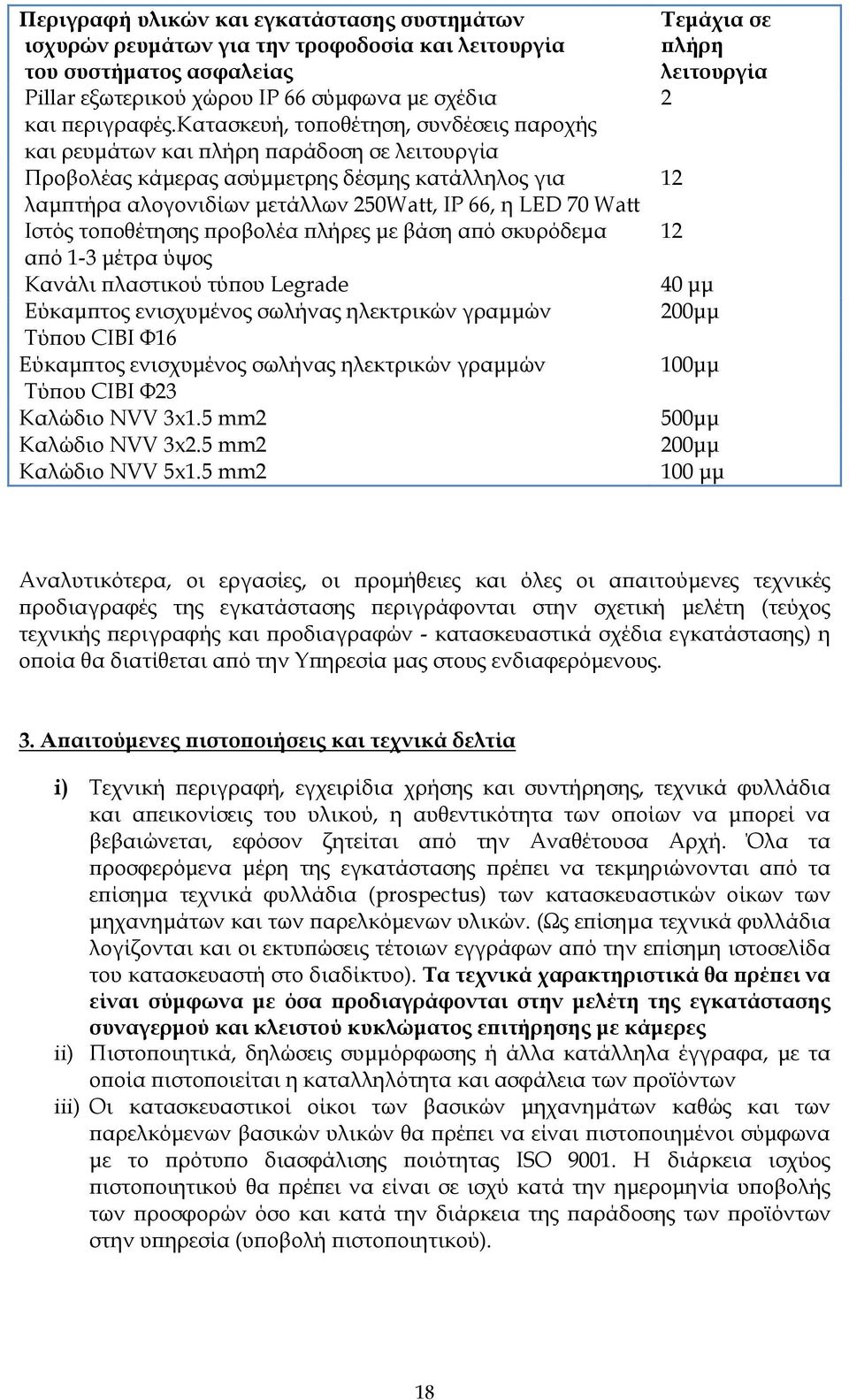 Ιστός το οθέτησης ροβολέα λήρες µε βάση α ό σκυρόδεµα α ό 1-3 µέτρα ύψος Τεµάχια σε λήρη λειτουργία 2 Κανάλι λαστικού τύ ου Legrade 40 µµ Εύκαµ τος ενισχυµένος σωλήνας ηλεκτρικών γραµµών 200µµ Τύ ου